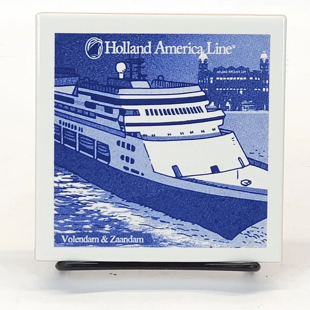Vtg Holland America Line Tile Coaster Delft Blue Maritime Coastal Decorative 4pc